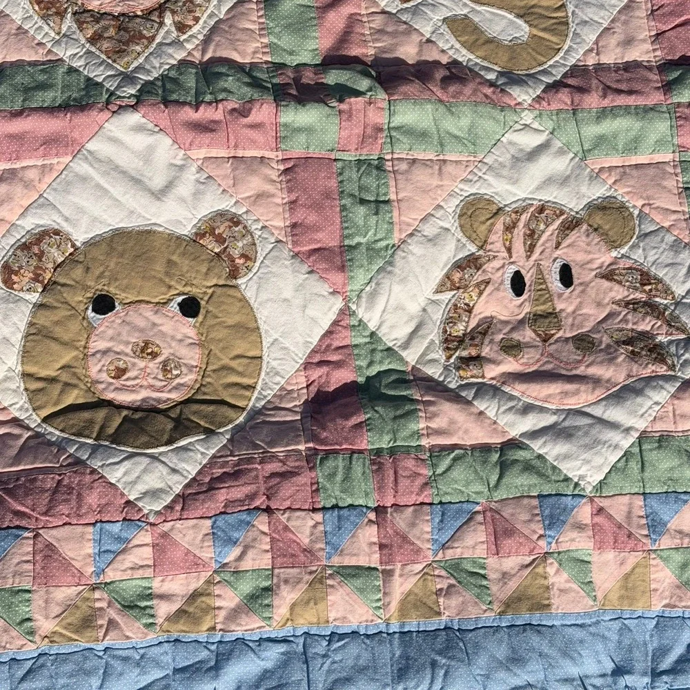 Vintage Baby Quilt Animal Patchwork Elephant Lion Pastel Crib Blanket